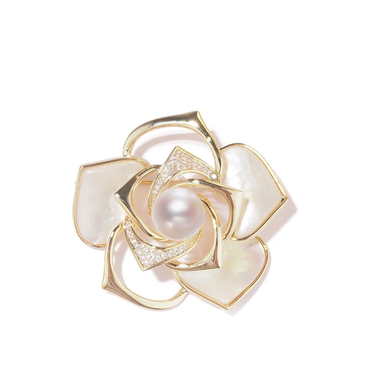 铜合金贝壳胸针 时尚气质百搭白贝珠珠山茶花胸针5642