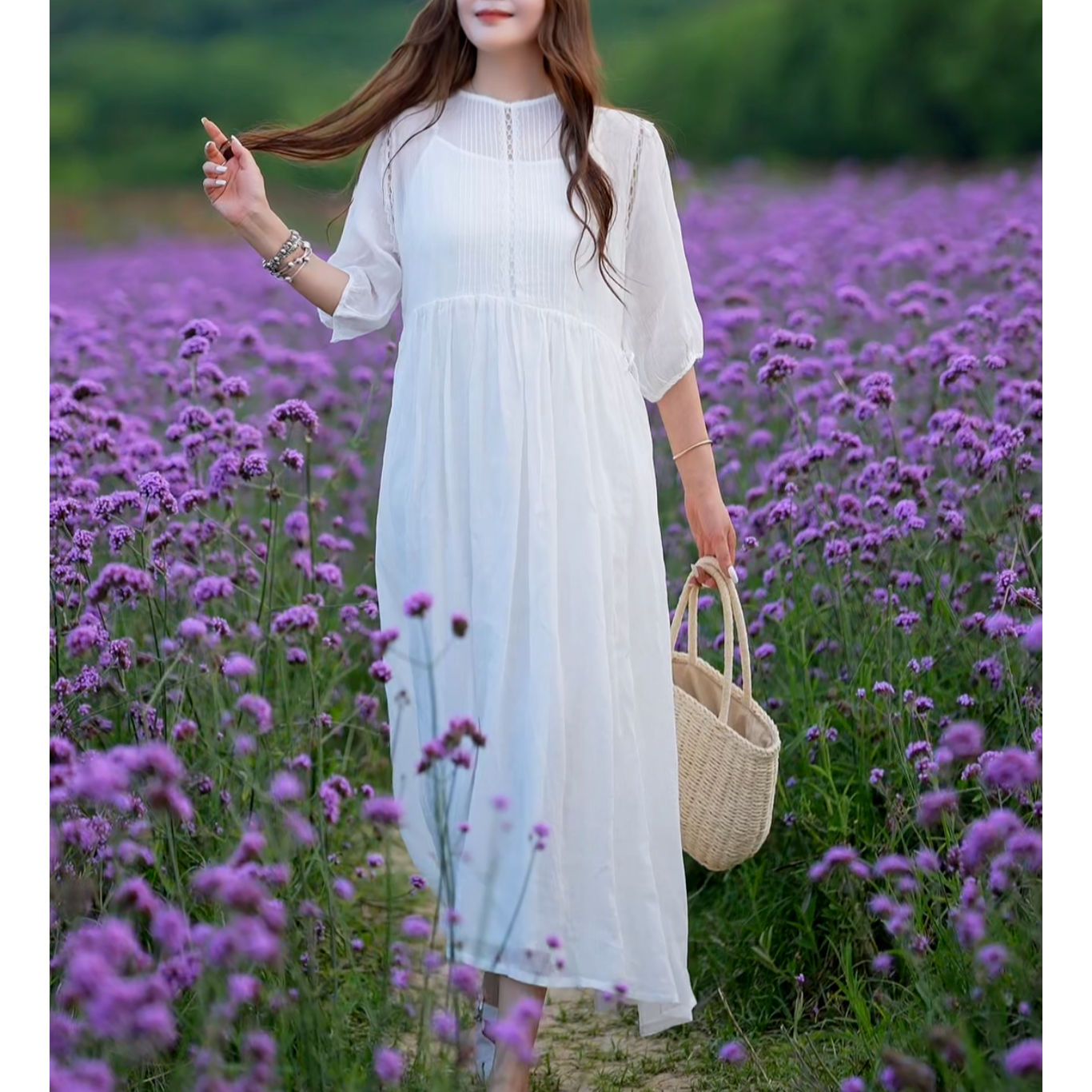 【如初】度假风风琴褶蕾丝镂空连衣裙~两件套改良国风飘逸苎麻长裙