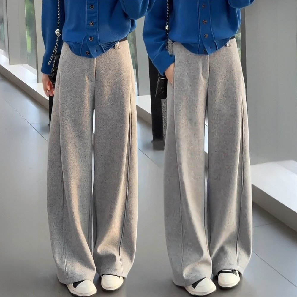 迷雾灰羊毛呢阔腿裤女秋冬季裤子2025新款加绒加厚休闲慵懒直筒裤