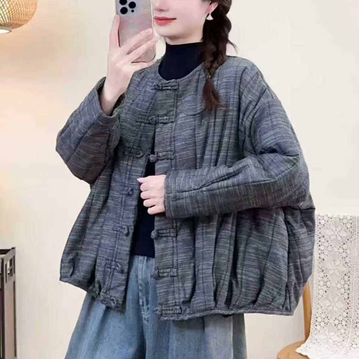 19374新款秋冬加厚棉麻棉服盘扣格子中式