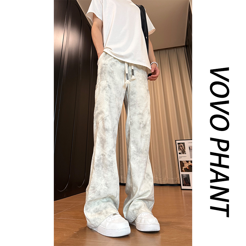 VOVO早秋季男款扎染休闲裤百搭透气裤子潮流宽松阔腿裤微喇工装裤