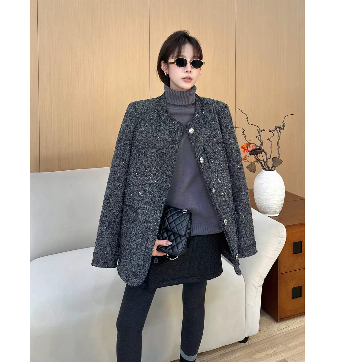 宽松型长袖单排扣女常规款羽绒服时尚韩版千鸟格轻奢12785