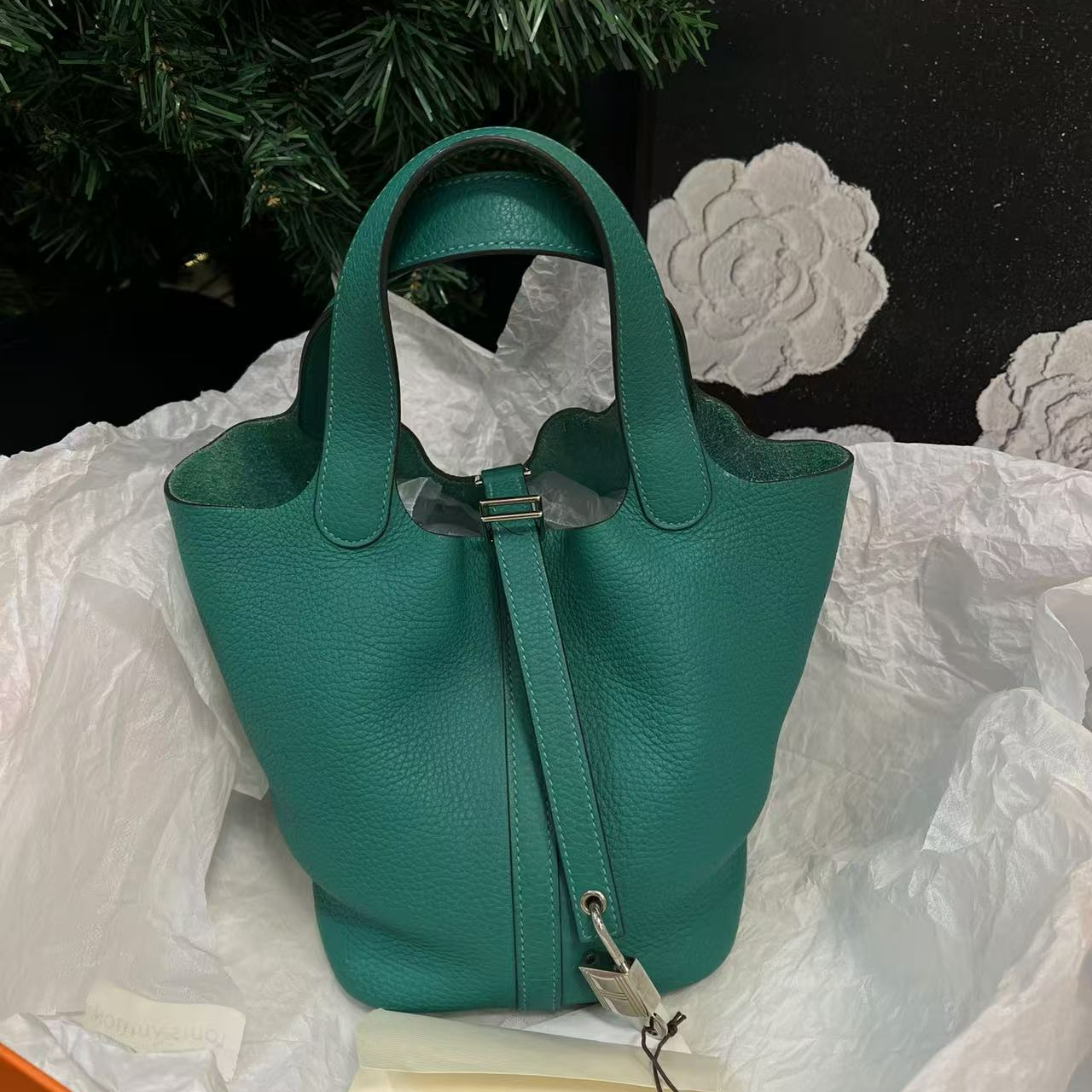 95新 Hermes/爱马仕 绿色银扣菜篮子18D刻B969