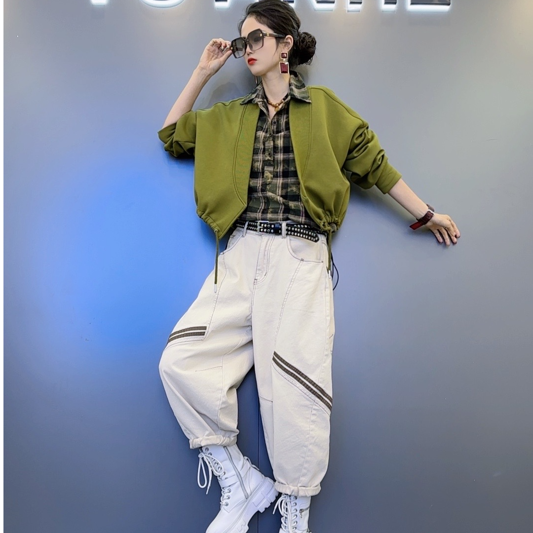 YT-6秋款开衫【杏 咖 黑绿】设计款螺纹拼接外套-定制斜边条牛仔裤