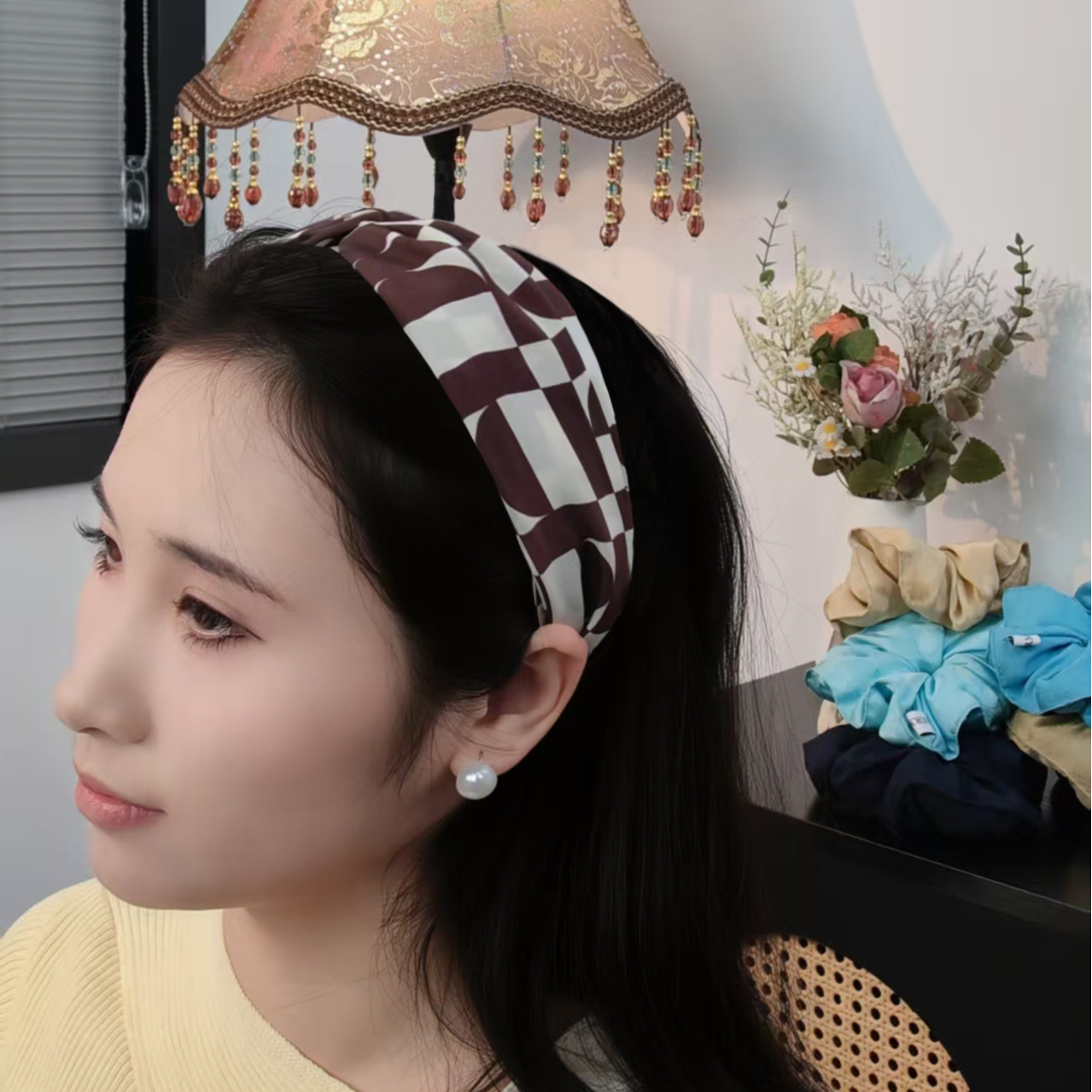 100%桑蚕丝日韩时尚格纹发箍打结宽边压发头箍百搭复古美拉德色系