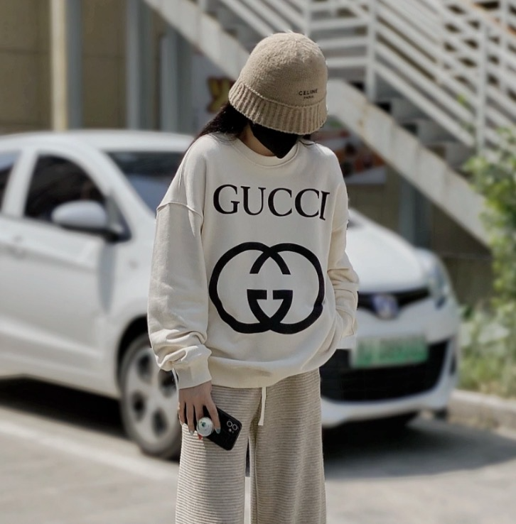 99新 GUCCI/古驰 CW0595  白色logo印花棉质圆领卫衣 S码 