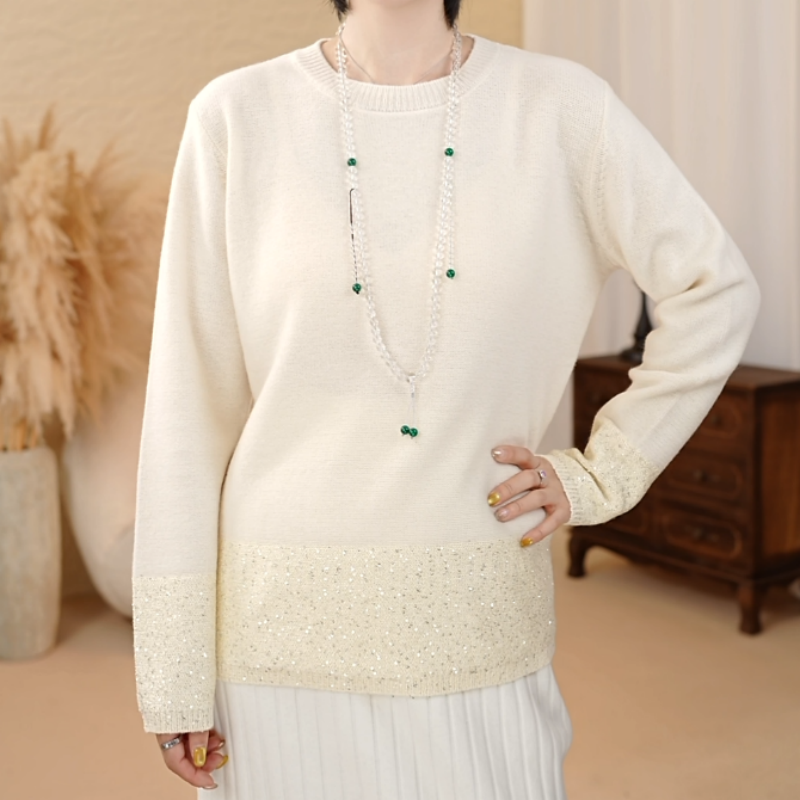 100%羊毛衫圆领薄款厚款常规款宽松型纯色女插肩袖针织衫