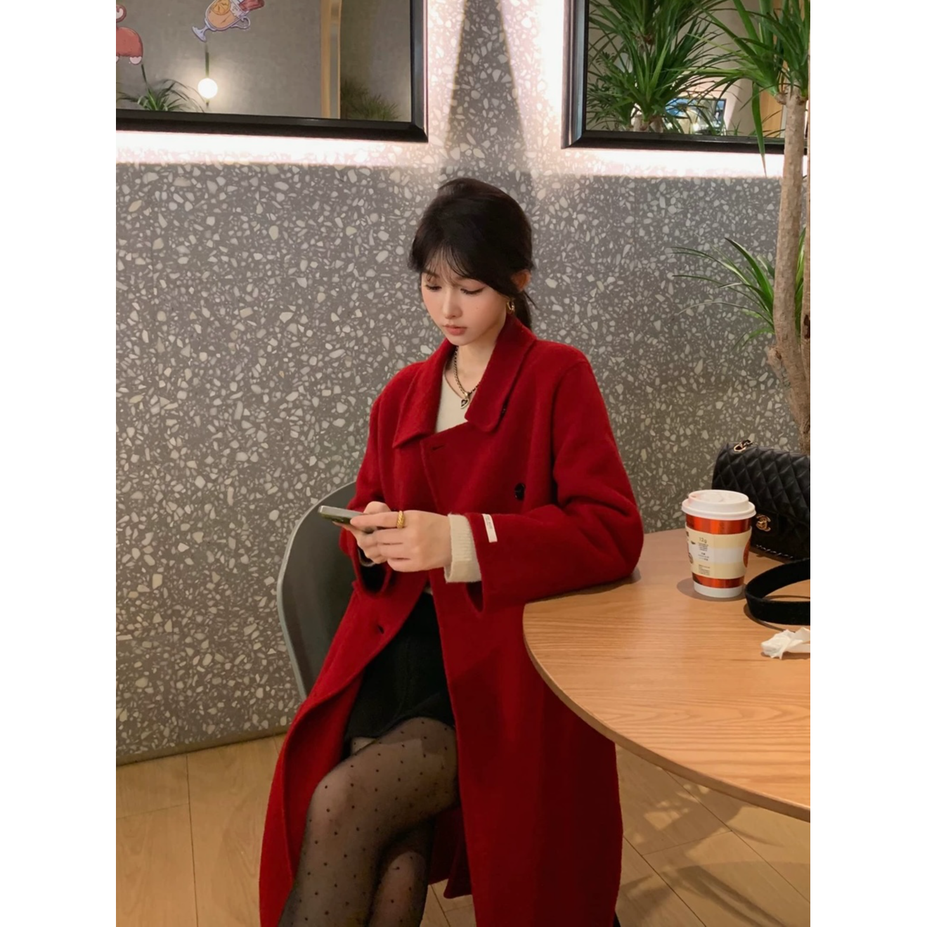 新款双面绒大衣双面毛呢外套宽松过膝中长款秋冬双排扣羊毛#2317
