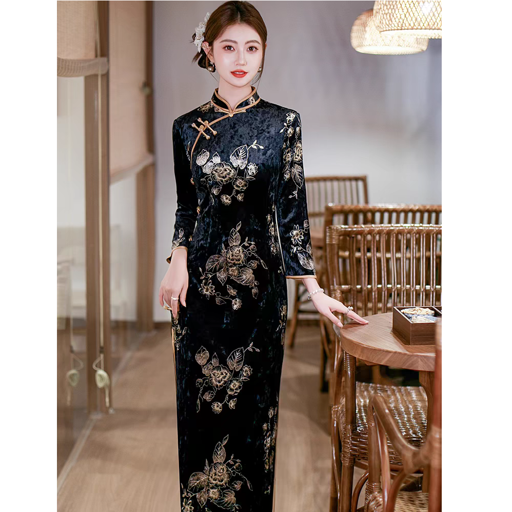 XJ-春秋款丝绒印花长款侧八扣旗袍