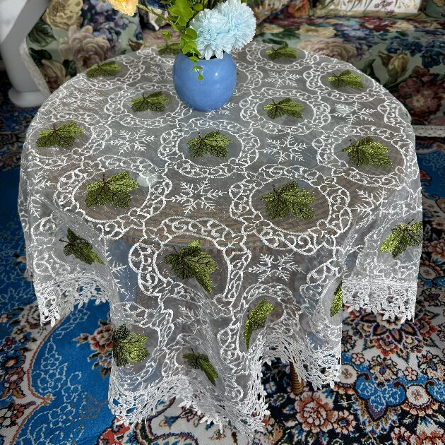 ZN012-17玻璃纱【90*90】白底绿叶高织高密玻璃砂水溶边桌布