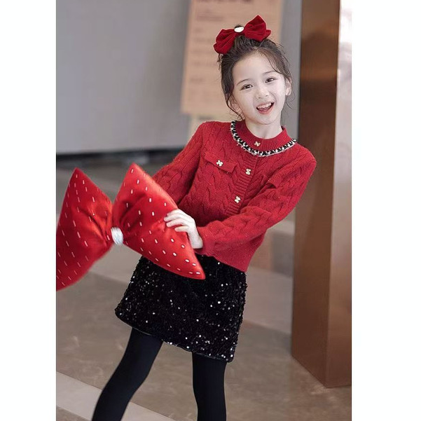 童装女童红色小香风毛衣开衫外套儿童毛线衣洋气针织开衫外套加厚