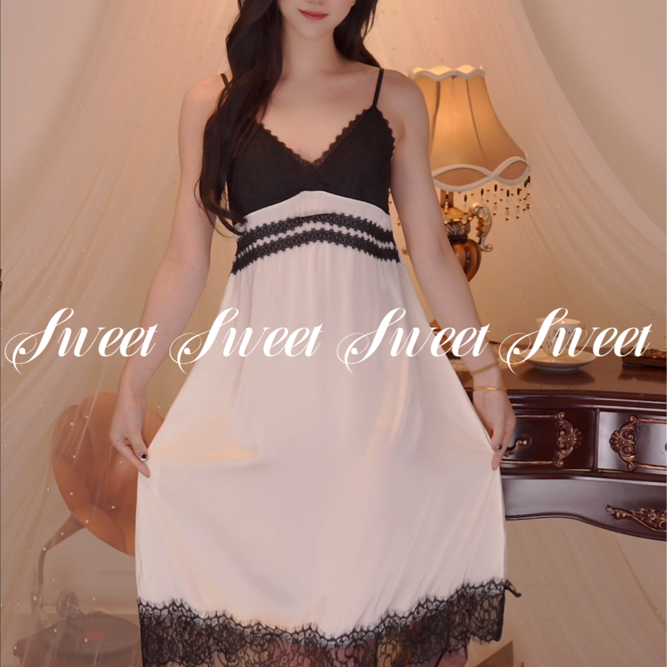 【伊人】D新款缎面小众搞定设计款蕾丝边女士睡裙家居服套装