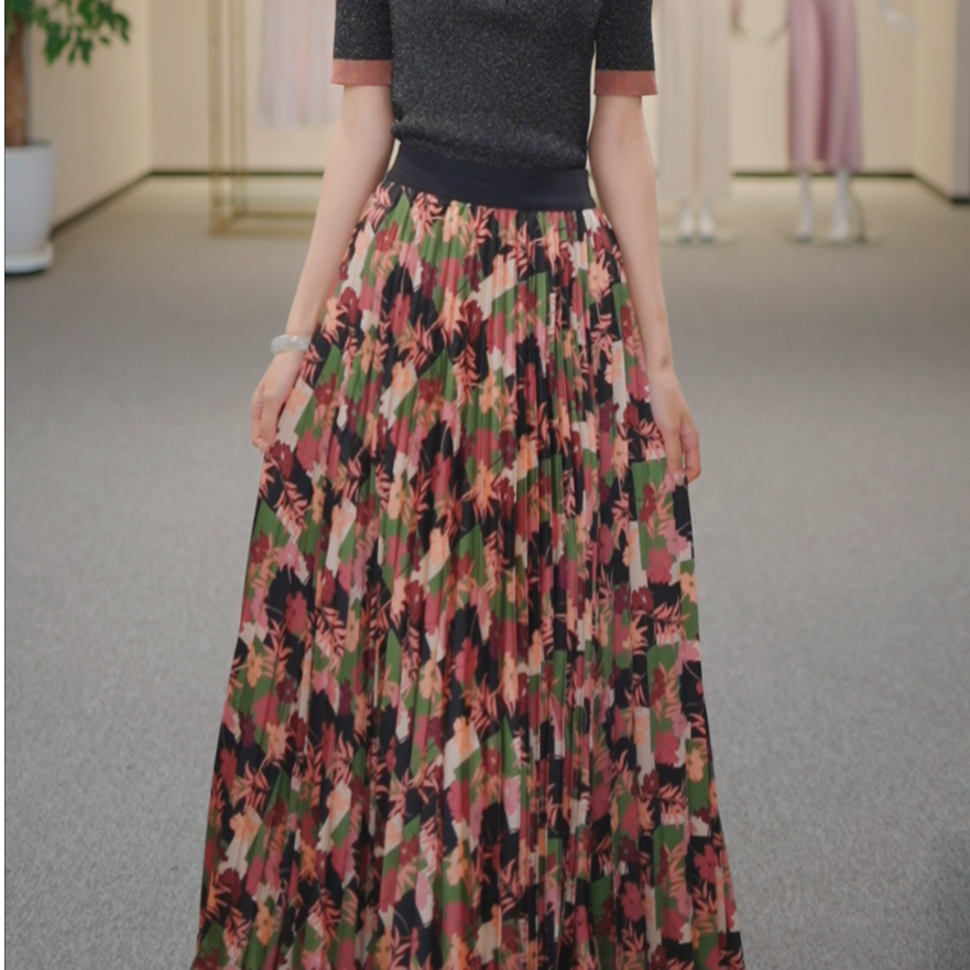 GIRDEAR/哥弟新款新中式垂感印花松紧腰百褶显瘦半身裙1200133