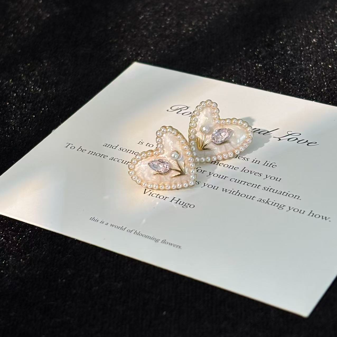 非金属仿珍珠耳饰 031淡粉色郁金香可爱珍珠款爱心锆石花朵耳饰