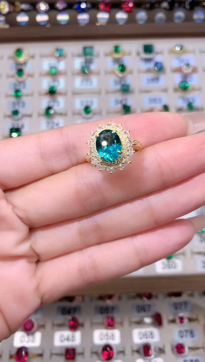 帕拉依巴碧玺戒指银S925镶嵌金色