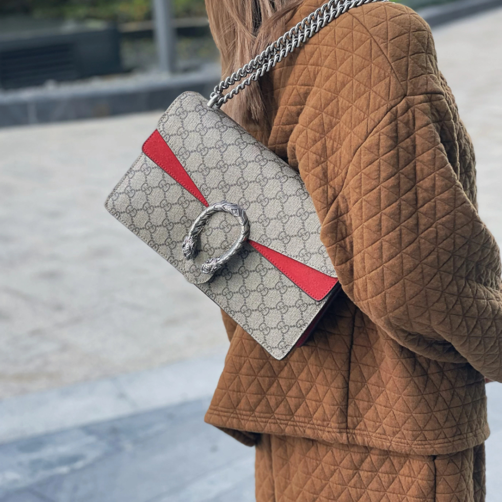 99新 GUCCI/古驰 蔚蓝/红色拼老花 酒神 链条包 中号 