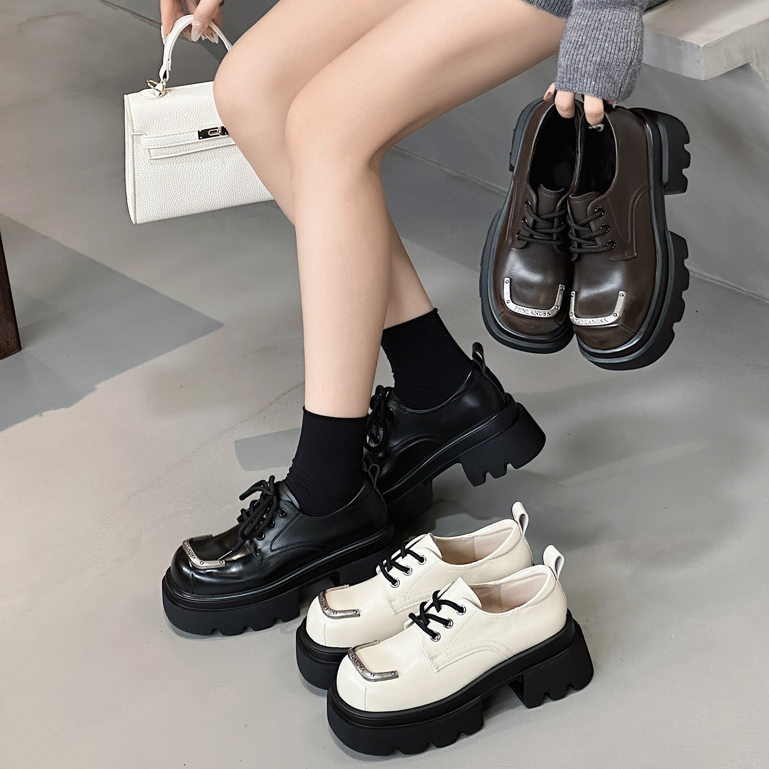 厚底乐福鞋女2025春新款方头时尚系带网红JK小皮鞋英伦风单鞋