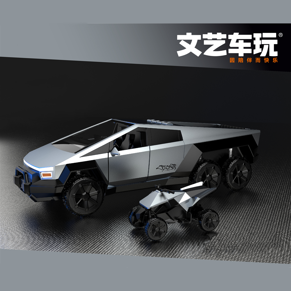 爆款网红正版文艺车玩特斯拉皮卡车六轮带四轮小摩托车盒装早教