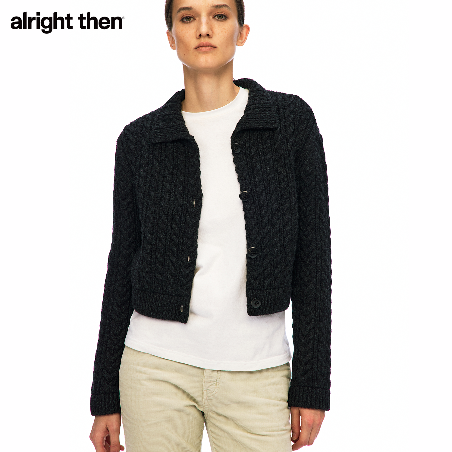 alright then女装羊毛合身短款小翻领立体绞花毛织开衫