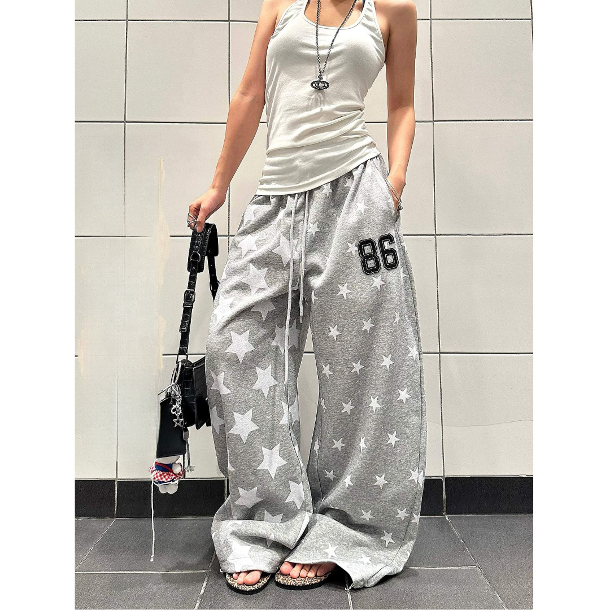 美式复古星星满印松紧腰卫裤男女宽松休闲阔腿百搭抽绳长裤
