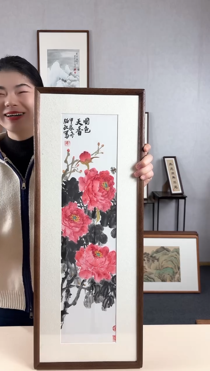 【闪购商品】国画手绘*牡丹*28*72cm实木框