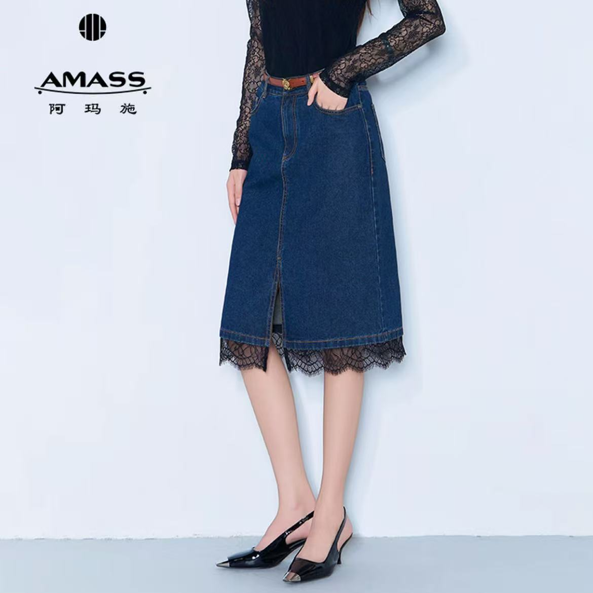 AMASS/阿玛施新款夏秋百搭时尚合身牛仔半身裙520013包臀开叉显瘦