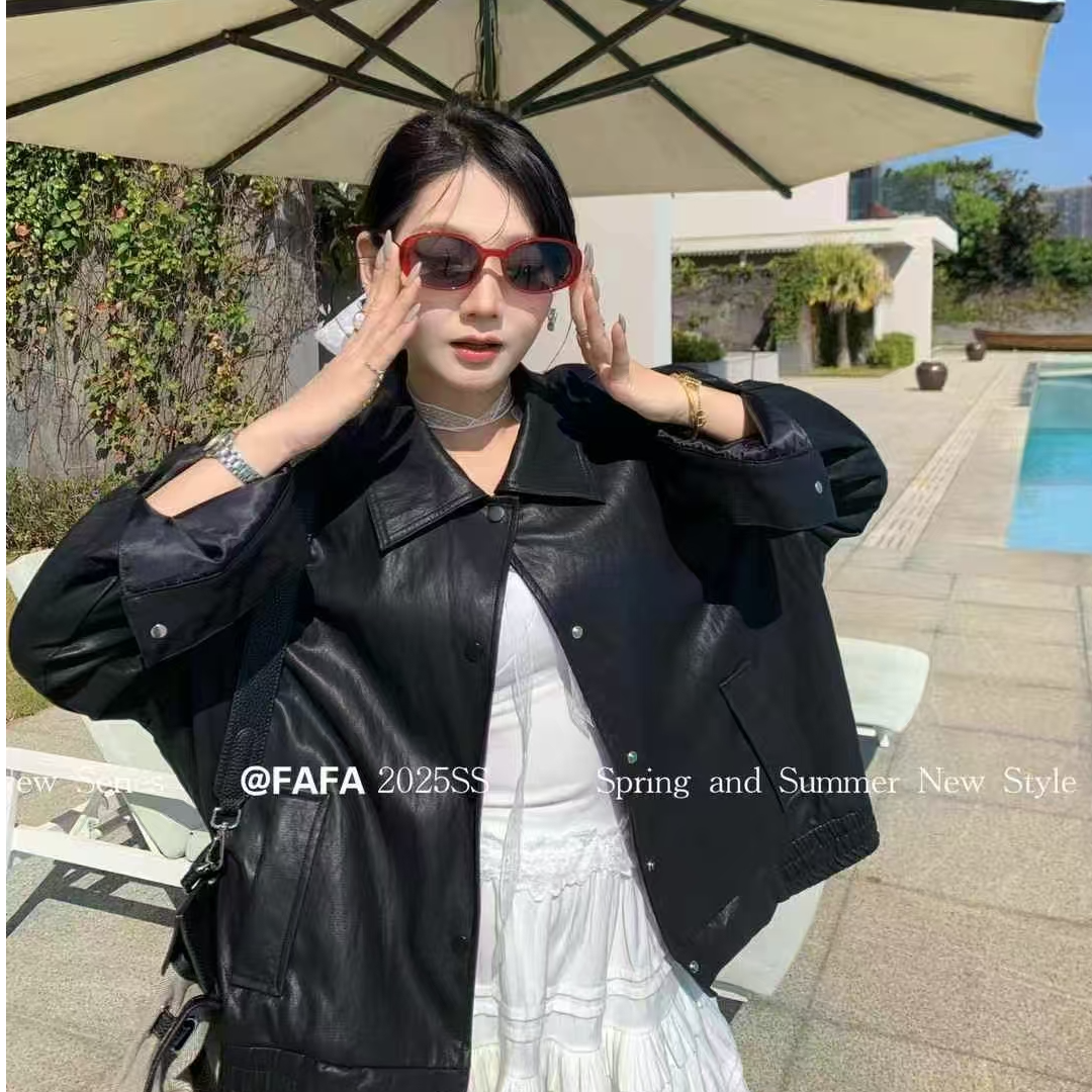 2025微胖秋季美式复古翻领显瘦皮衣外套大码女气质网红#6071