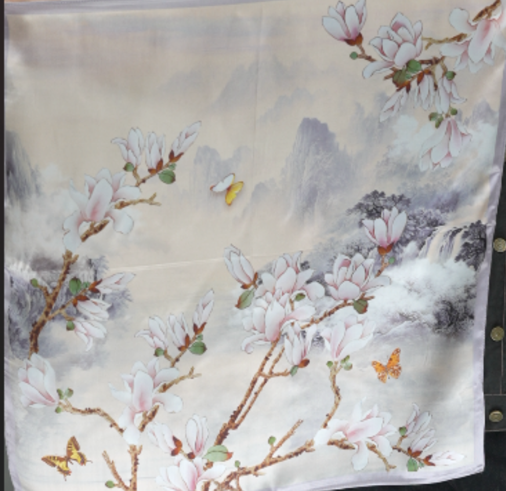 桑蚕丝丝巾国画玉兰花香薄款百搭时尚气质简约 53*53   sijin-009