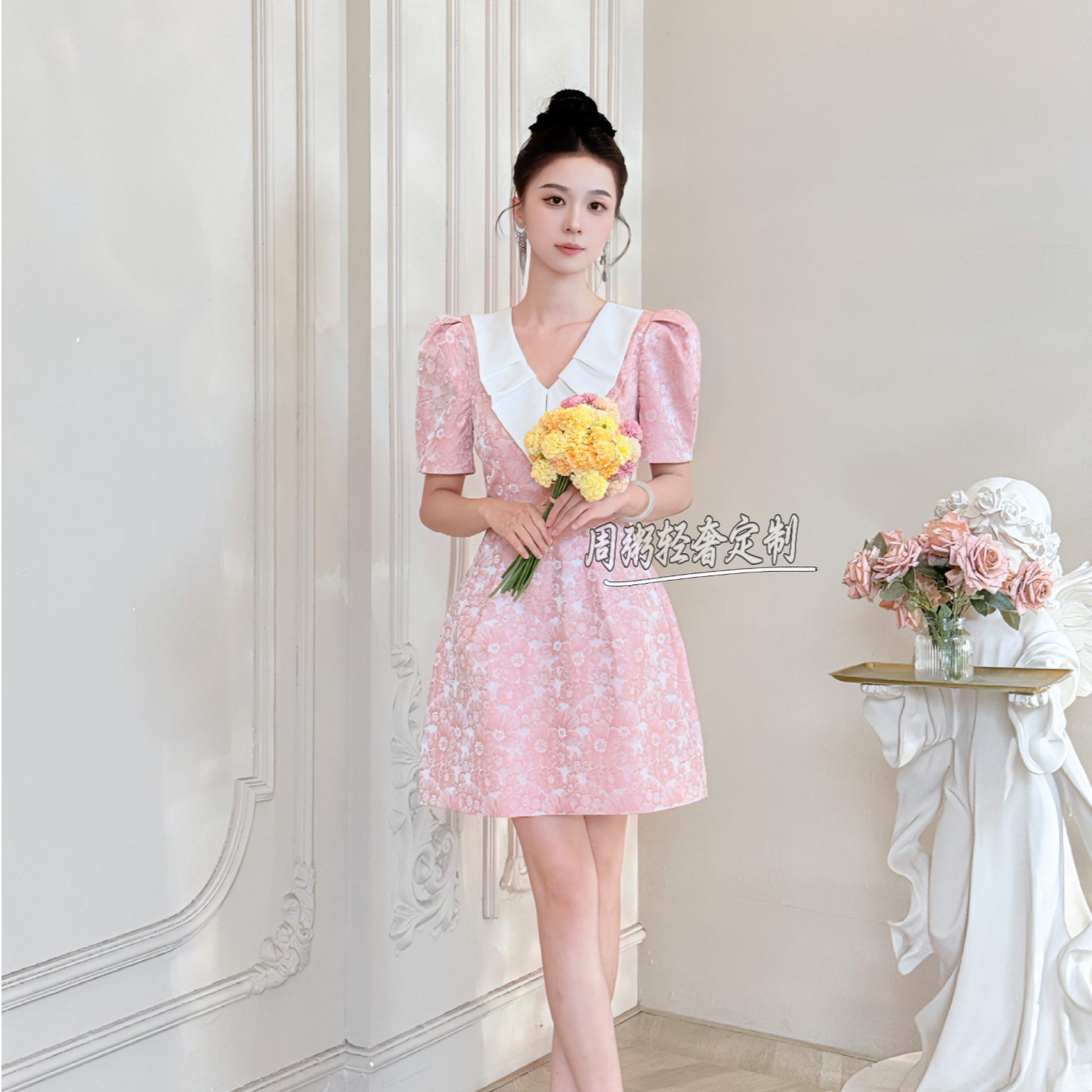 【周粥定制】国内设计师品牌 轻奢气质碎花小个子连衣裙15394