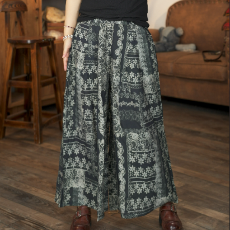 HY 夏季新品花色文艺休闲百搭直筒阔腿裤女士裤子 臀围136长82