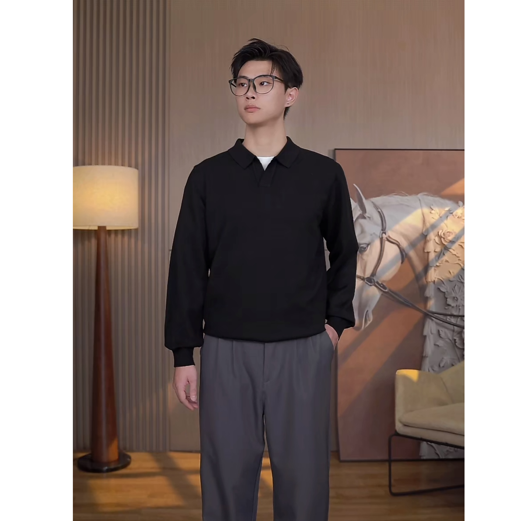 秋季简约翻领毛衣纯色针织POLO男士长袖免烫毛衣设计师百搭休闲