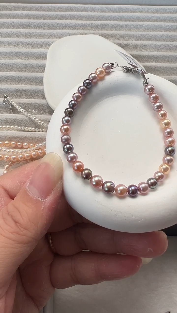 银S925镶嵌手绳淡水珍珠s925银淡水紫珠混彩手链