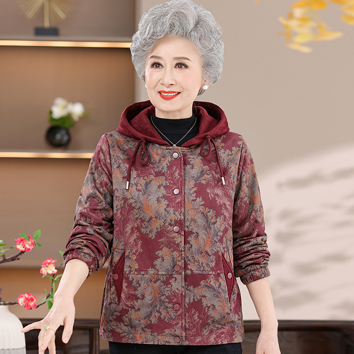 2025新款秋冬连帽碎花外套中老年女装秋冬中年大码老年人短款纽扣