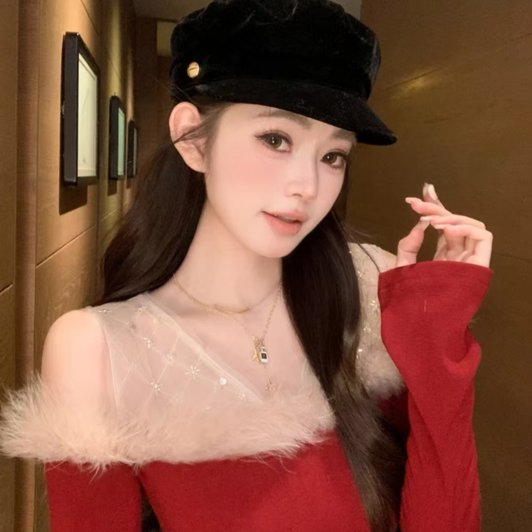 秋冬气质时尚修身显瘦毛绒拼接蕾丝上衣搭配短裙  F1282