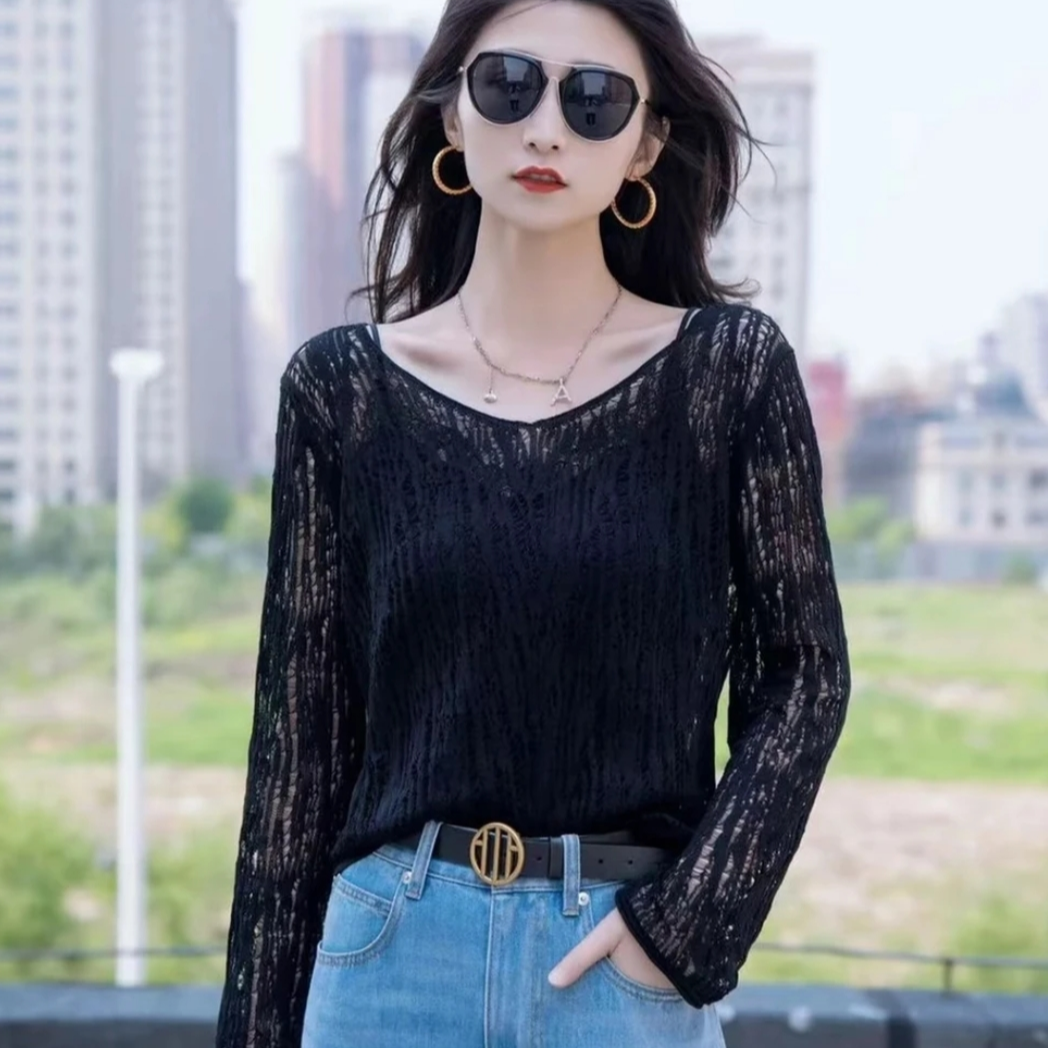 AMASS/阿玛施-早春新款时尚气质百搭镂空圆领长袖上衣538017