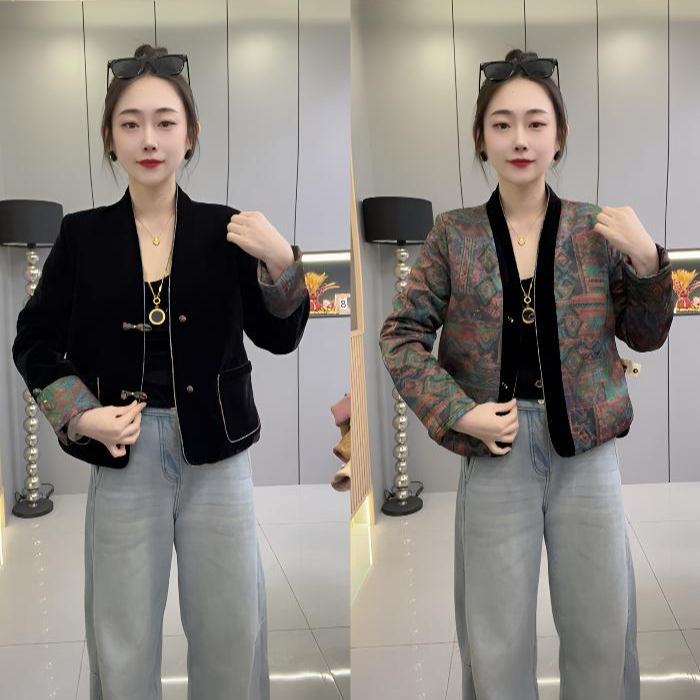 洋➕853冬季新款V领棉服时尚洋气百搭（双面穿）女外套