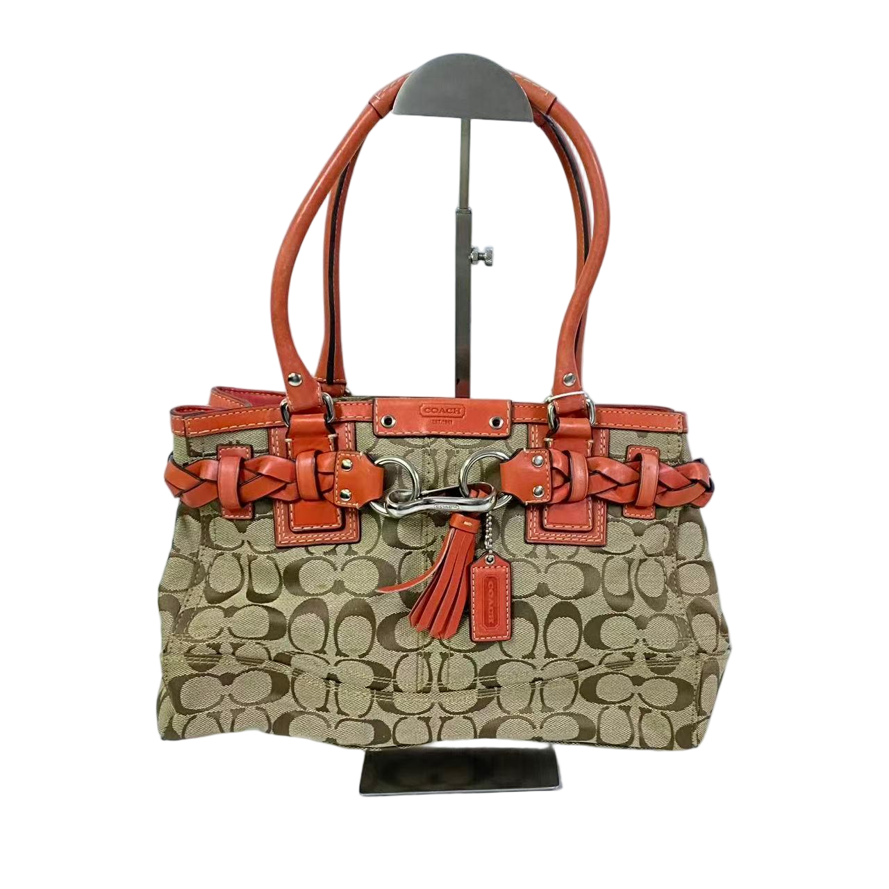 95新 COACH/蔻驰 经典老花帆布拼皮单肩手提包红色MM-81454