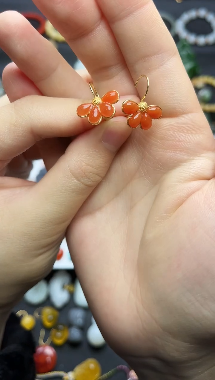 银S925镶嵌耳饰南红玛瑙花花耳扣06