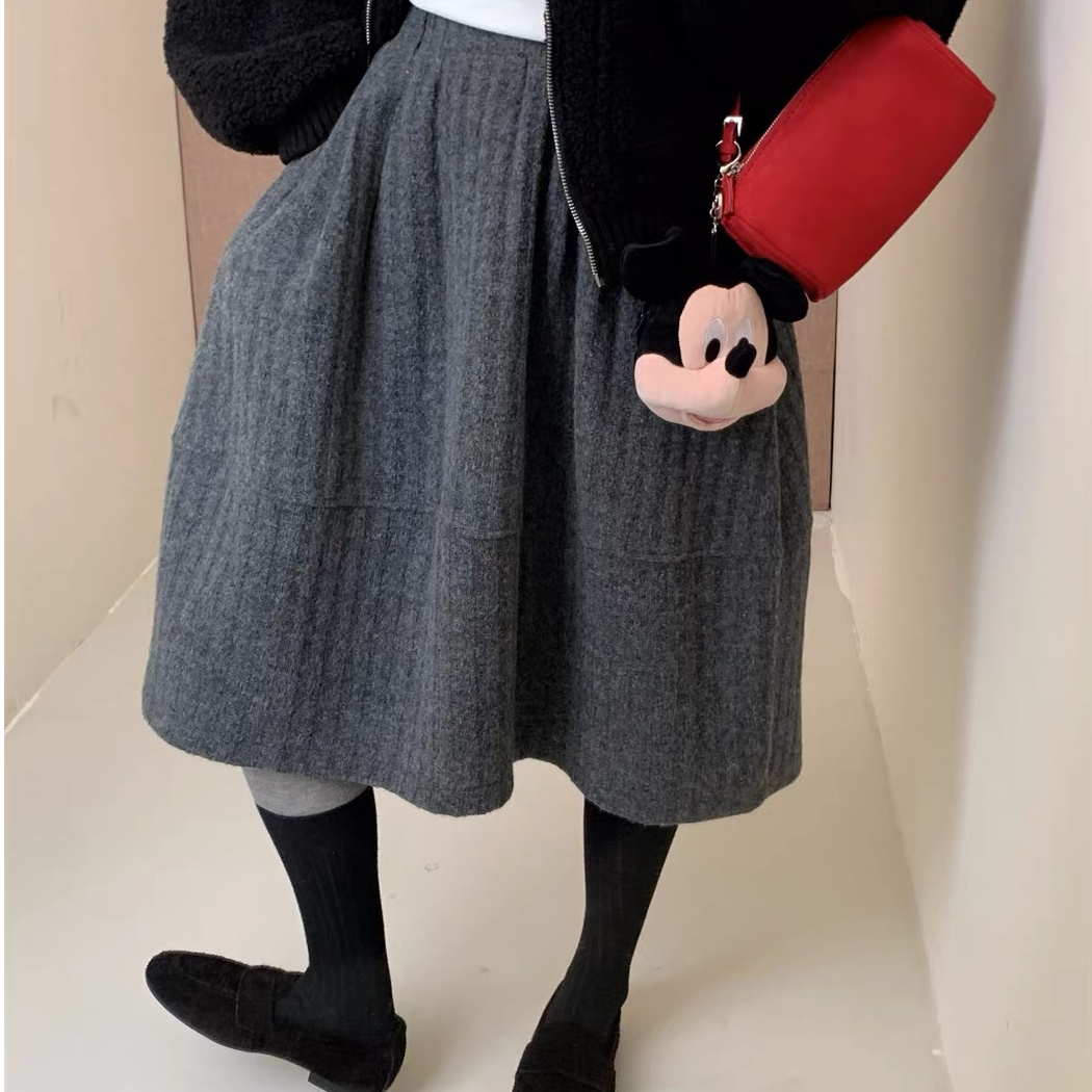 2025秋冬新款毛呢中裙百搭A字裙复古高腰中长款拉链半身裙