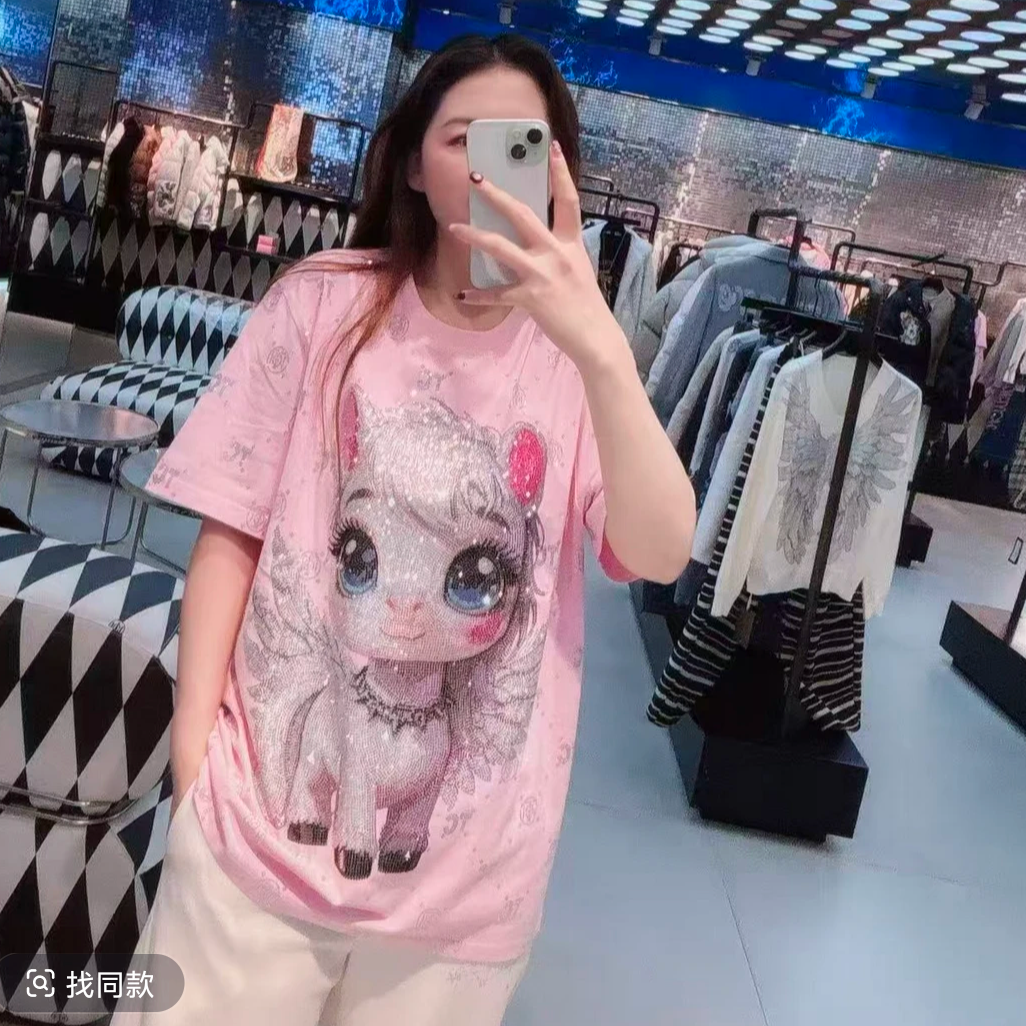 TCH【时尚潮牌】25新款新时尚烫钻百搭女装粉色短袖T恤T78B106013