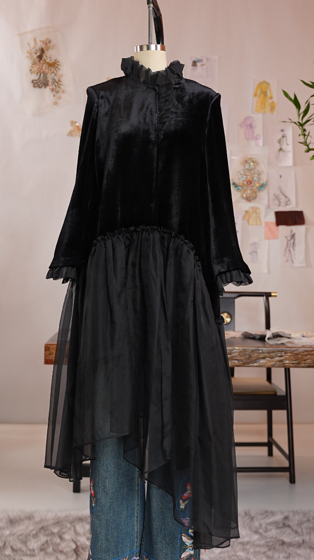 设计师款连衣裙丝丝绒旗袍连衣裙圆领套头复古宽松长款1116