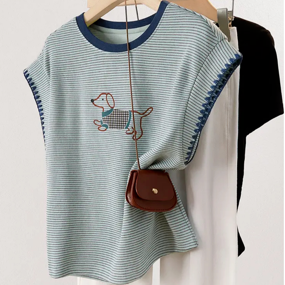 2025春欧若风春游出行减龄卡通印花修身款条纹撞色T恤LM0347