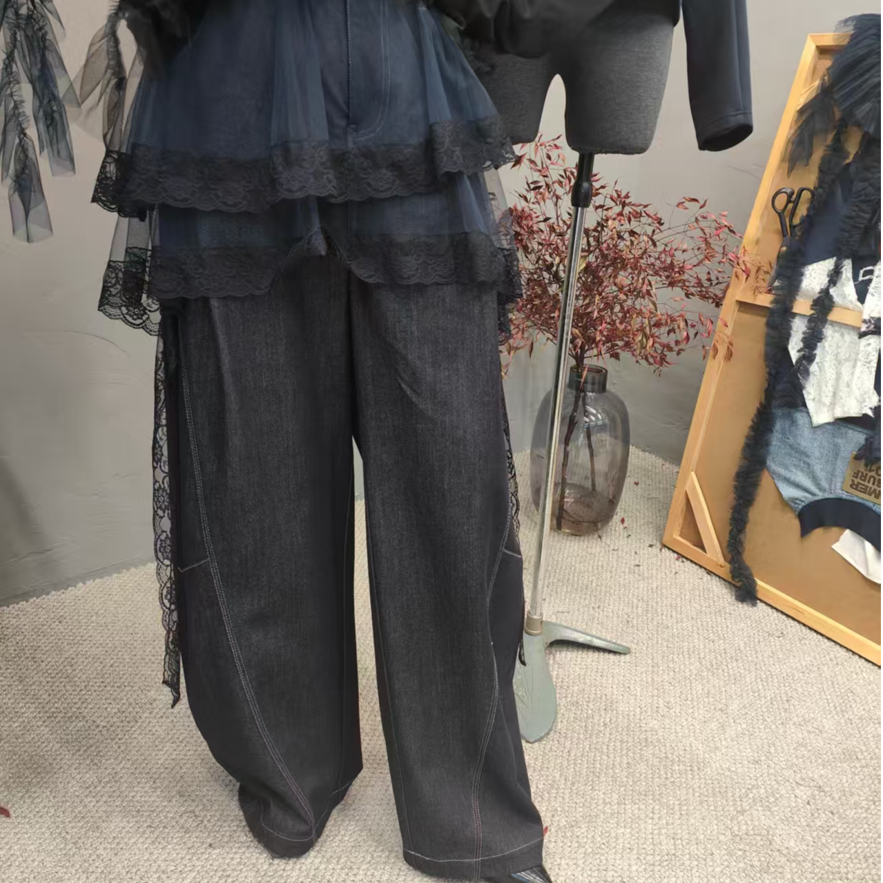 阔腿裤裤子常规款水洗牛仔裤秋季设计师女拼接4663-A409