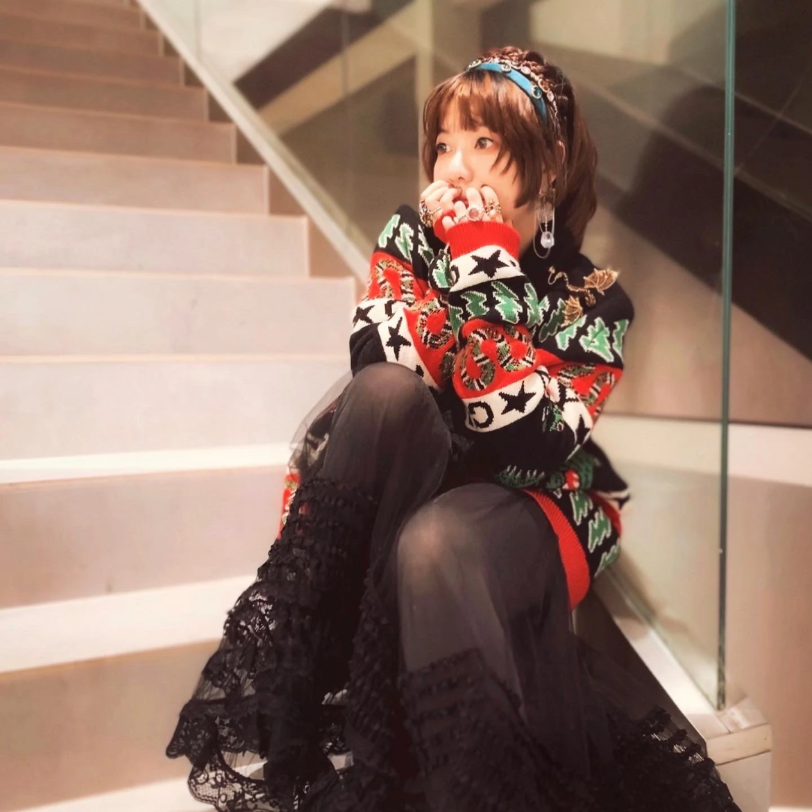 未使用 GUCCI/古驰 虎头毒蛇印花针织开衫 黑红/XXL