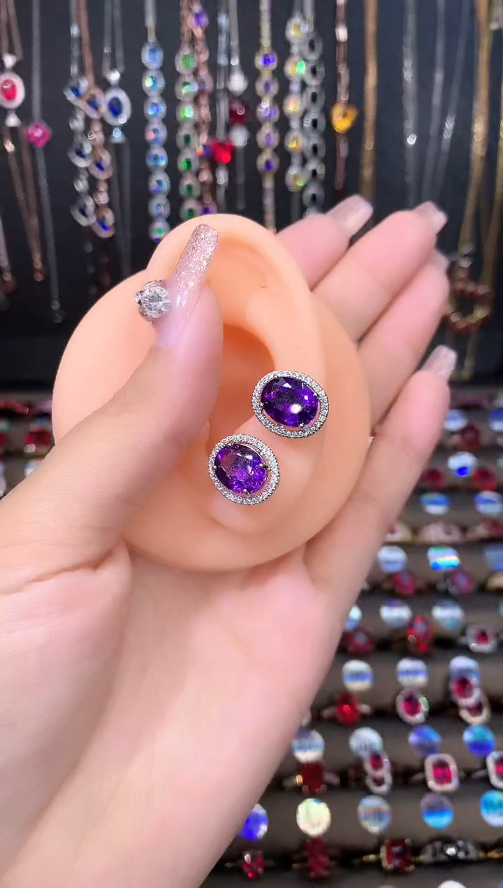 紫晶耳饰银S925镶嵌8.10银