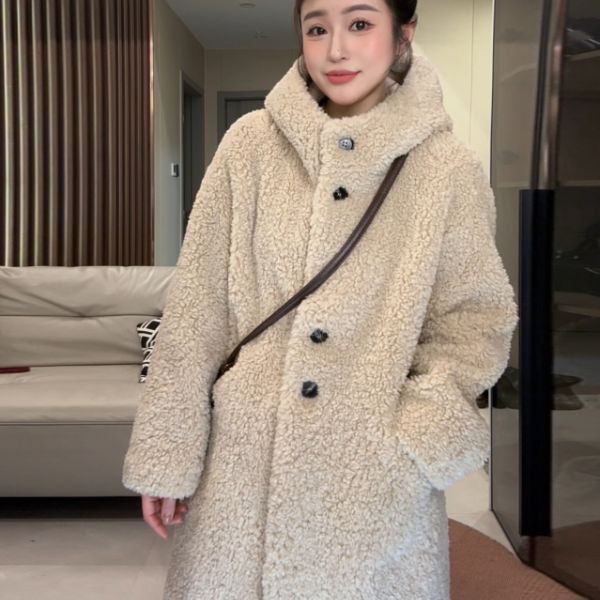 富人区环保仿羊羔毛皮毛一体女秋冬加厚中长款连帽毛毛外套女