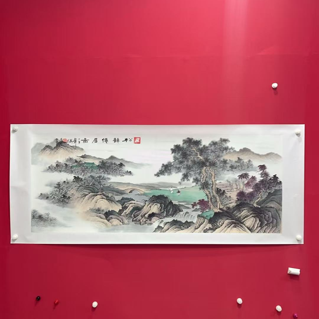 熊盛武手绘宣纸六尺横幅松韵仙居图山水画