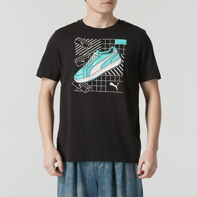 PUMA彪马短袖上衣男2025春季新款运动服黑色印花半袖T恤634202-01