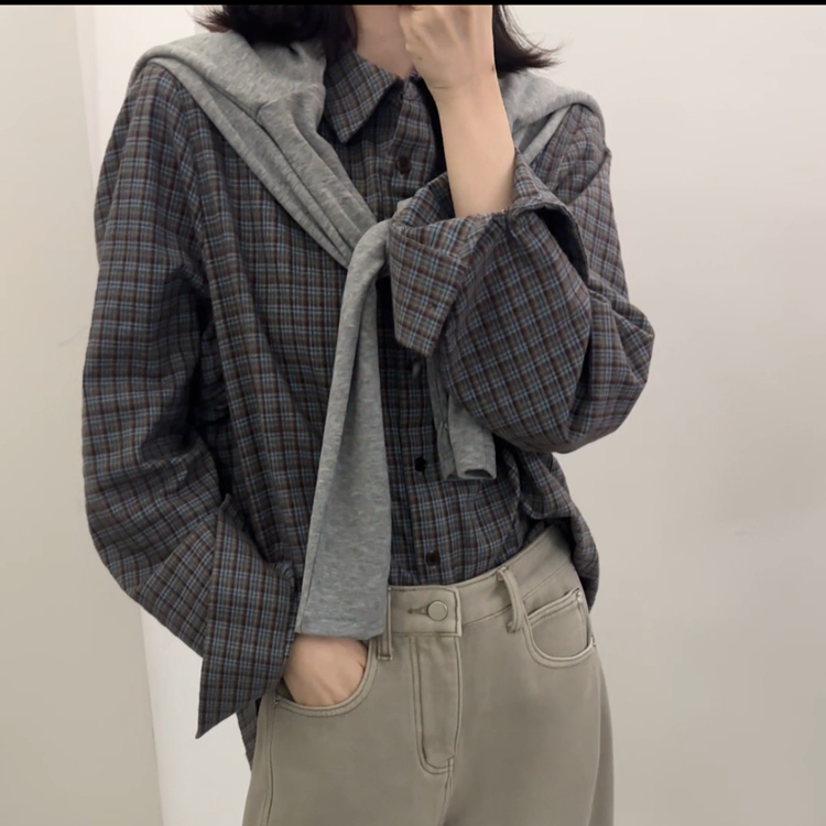 mrmeet81732格子全棉衬衫女2025冬季经典百搭显瘦单排扣长袖上衣