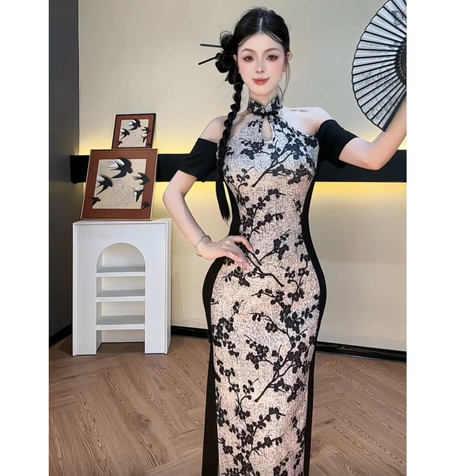 【茜茜推荐】夏季挂脖长裙连衣裙时尚女装碎花收腰气质YXIZQ52170